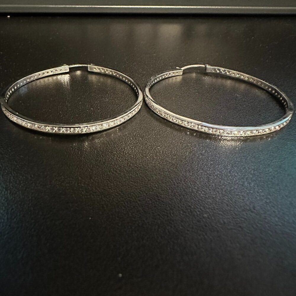 Silver CZ Diamond Round Hoop Earrings